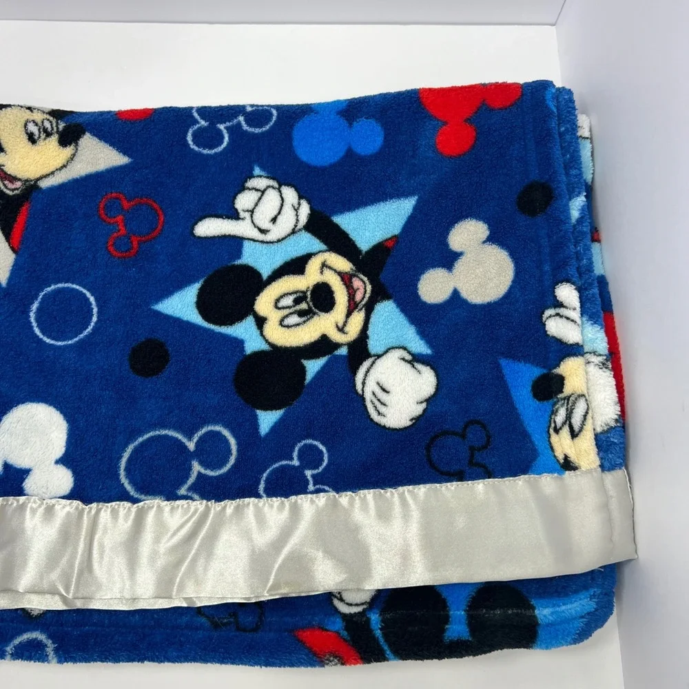 Vintage Disney Mickey Mouse Blue Baby Toddler Blanket Gray Satin Trim Stars
